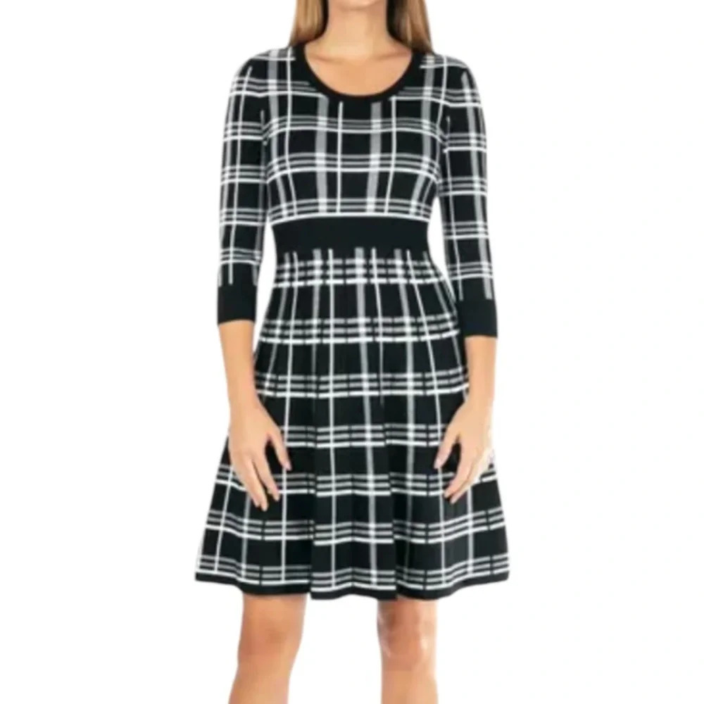 Nina Leonard Plaid Scoop Neck Jacquard Knit Sweater Dress Black White Plaid‎ XL